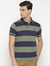 t-base Men's Green Polo Collar Striped T-Shirt  