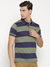 t-base Men's Green Polo Collar Striped T-Shirt  