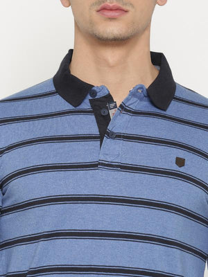 t-base Men's Blue Polo Collar Striped T-Shirt  