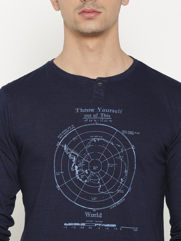 t-base Men's Blue Henley Neck Printed T-Shirt  