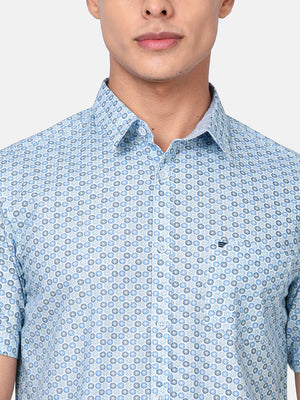 t-base Blue Printed Cotton Casual Shirt