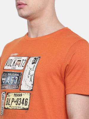t-base Orange Crew Neck Printed T-Shirt