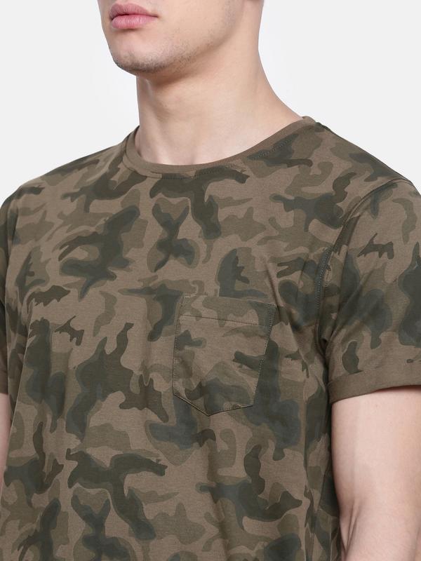 t-base Olive Crew Neck Printed T-Shirt