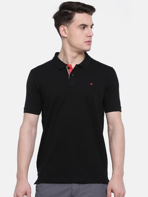 t-base Black Polo Neck Solid T-Shirt