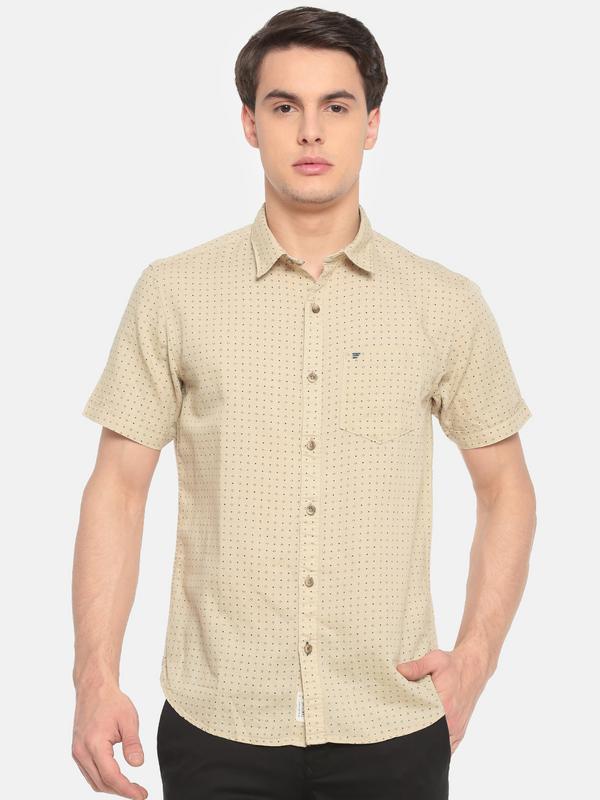 t-base Khaki Printed Cotton Linen Casual Shirt