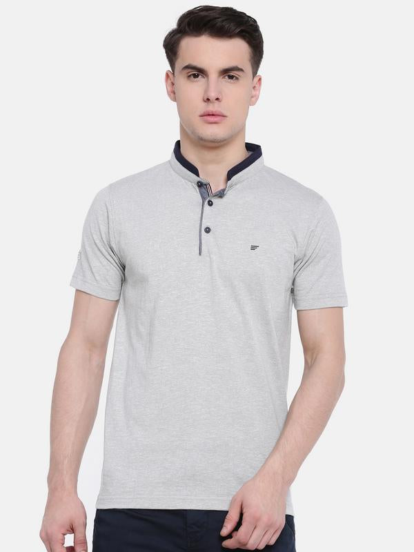 t-base Grey Mandarin Neck Solid T-Shirt