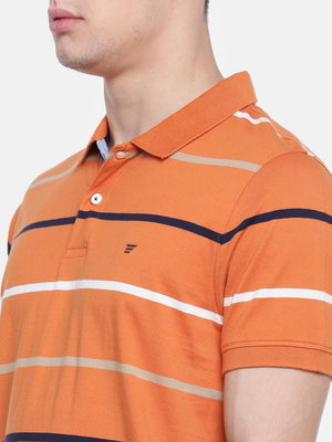 t-base Orange Polo Neck Striped T-Shirt