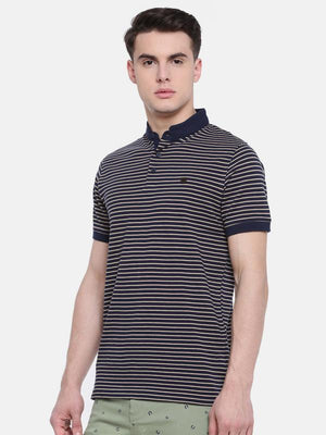 t-base Blue Polo Neck Striped T-Shirt
