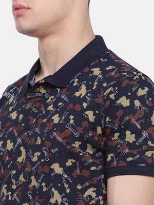 t-base Olive Polo Neck Printed T-Shirt