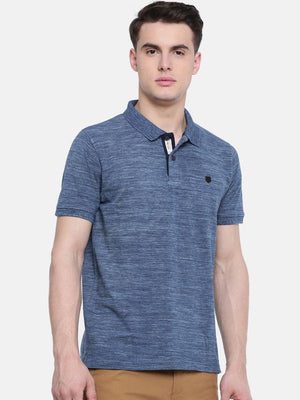 t-base Blue Polo Neck Self Design T-Shirt