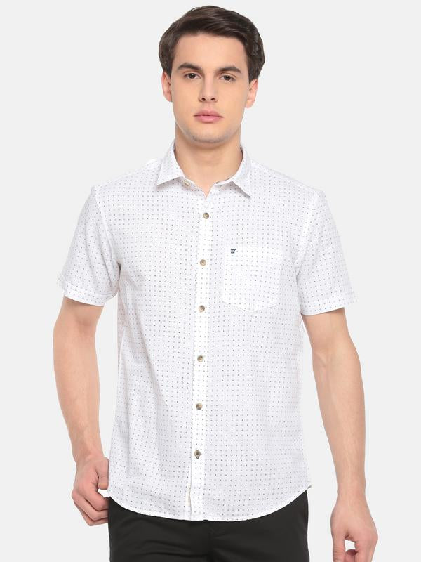 t-base White Printed Cotton Linen Casual Shirt